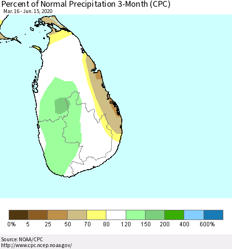 Sri Lanka Percent of Normal Precipitation 3-Month (CPC) Thematic Map For 3/16/2020 - 6/15/2020