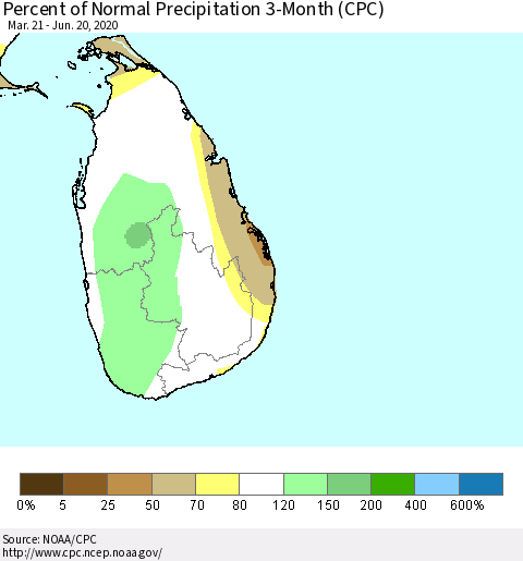 Sri Lanka Percent of Normal Precipitation 3-Month (CPC) Thematic Map For 3/21/2020 - 6/20/2020
