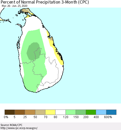 Sri Lanka Percent of Normal Precipitation 3-Month (CPC) Thematic Map For 3/26/2020 - 6/25/2020