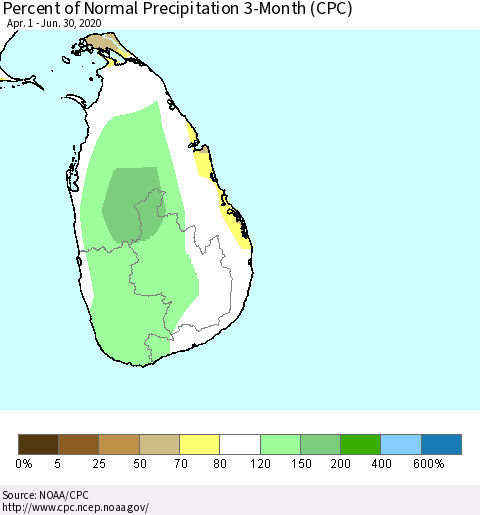 Sri Lanka Percent of Normal Precipitation 3-Month (CPC) Thematic Map For 4/1/2020 - 6/30/2020