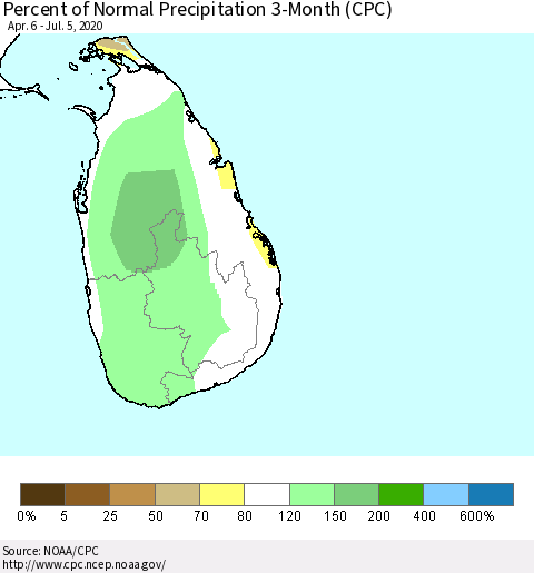 Sri Lanka Percent of Normal Precipitation 3-Month (CPC) Thematic Map For 4/6/2020 - 7/5/2020