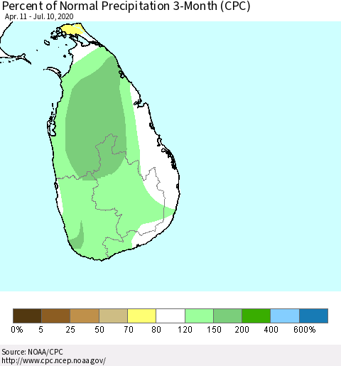 Sri Lanka Percent of Normal Precipitation 3-Month (CPC) Thematic Map For 4/11/2020 - 7/10/2020
