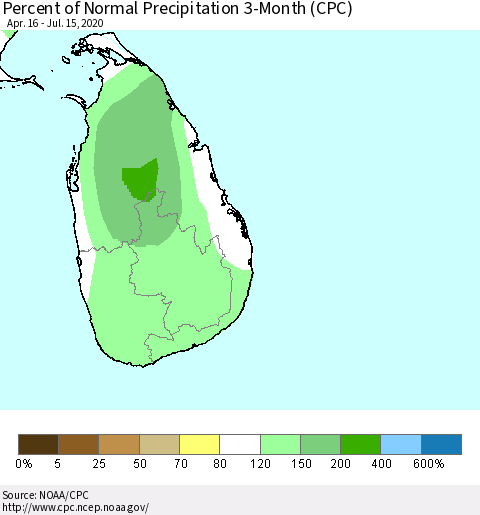 Sri Lanka Percent of Normal Precipitation 3-Month (CPC) Thematic Map For 4/16/2020 - 7/15/2020