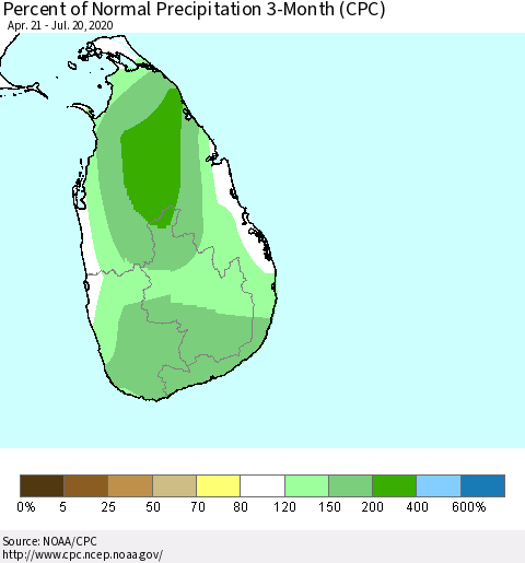 Sri Lanka Percent of Normal Precipitation 3-Month (CPC) Thematic Map For 4/21/2020 - 7/20/2020