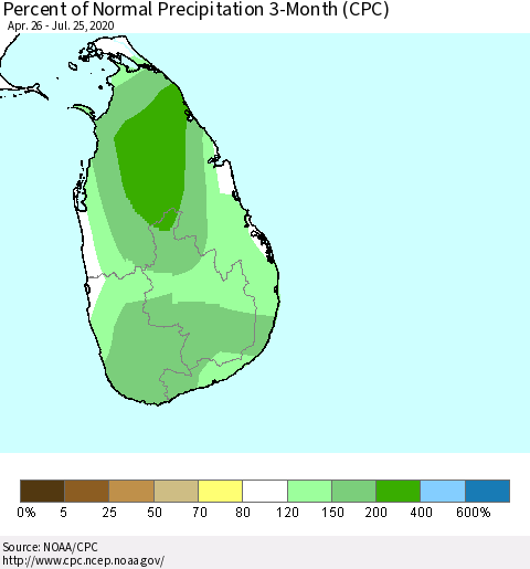 Sri Lanka Percent of Normal Precipitation 3-Month (CPC) Thematic Map For 4/26/2020 - 7/25/2020