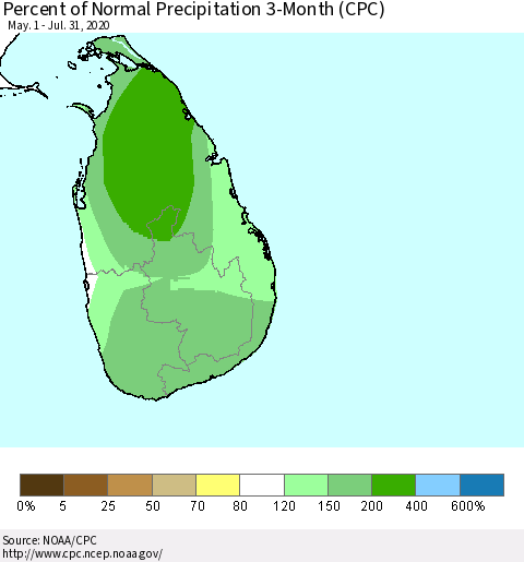 Sri Lanka Percent of Normal Precipitation 3-Month (CPC) Thematic Map For 5/1/2020 - 7/31/2020
