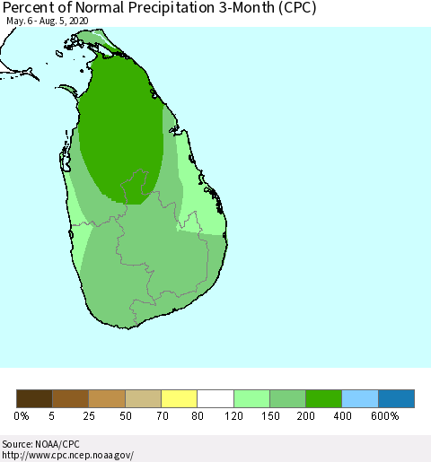Sri Lanka Percent of Normal Precipitation 3-Month (CPC) Thematic Map For 5/6/2020 - 8/5/2020
