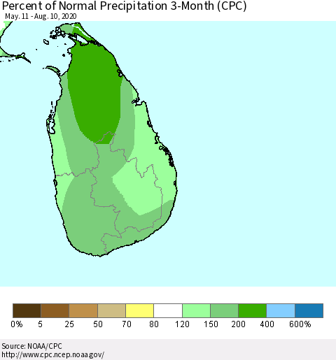 Sri Lanka Percent of Normal Precipitation 3-Month (CPC) Thematic Map For 5/11/2020 - 8/10/2020