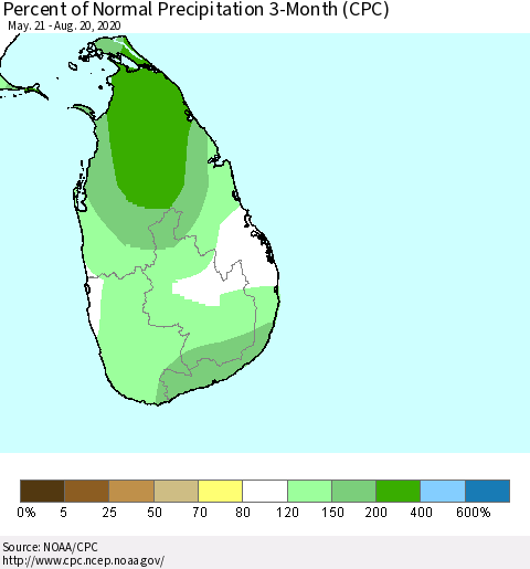 Sri Lanka Percent of Normal Precipitation 3-Month (CPC) Thematic Map For 5/21/2020 - 8/20/2020