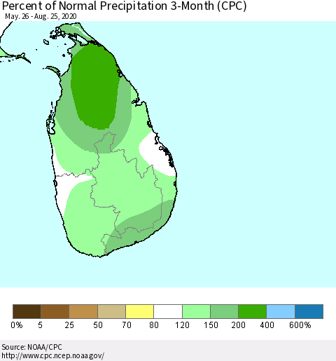 Sri Lanka Percent of Normal Precipitation 3-Month (CPC) Thematic Map For 5/26/2020 - 8/25/2020