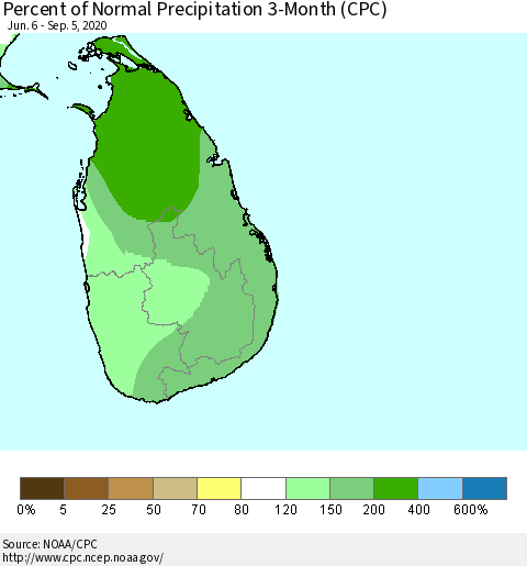 Sri Lanka Percent of Normal Precipitation 3-Month (CPC) Thematic Map For 6/6/2020 - 9/5/2020
