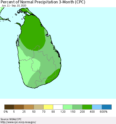 Sri Lanka Percent of Normal Precipitation 3-Month (CPC) Thematic Map For 6/11/2020 - 9/10/2020