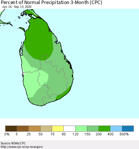 Sri Lanka Percent of Normal Precipitation 3-Month (CPC) Thematic Map For 6/16/2020 - 9/15/2020