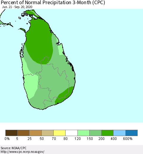 Sri Lanka Percent of Normal Precipitation 3-Month (CPC) Thematic Map For 6/21/2020 - 9/20/2020