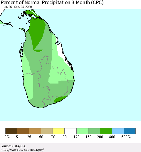Sri Lanka Percent of Normal Precipitation 3-Month (CPC) Thematic Map For 6/26/2020 - 9/25/2020