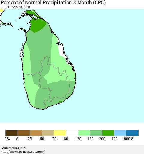 Sri Lanka Percent of Normal Precipitation 3-Month (CPC) Thematic Map For 7/1/2020 - 9/30/2020