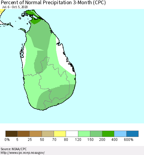 Sri Lanka Percent of Normal Precipitation 3-Month (CPC) Thematic Map For 7/6/2020 - 10/5/2020