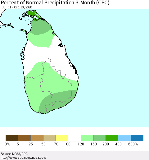 Sri Lanka Percent of Normal Precipitation 3-Month (CPC) Thematic Map For 7/11/2020 - 10/10/2020