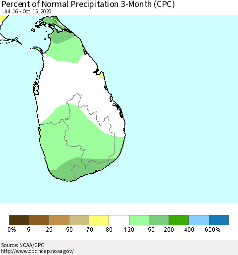 Sri Lanka Percent of Normal Precipitation 3-Month (CPC) Thematic Map For 7/16/2020 - 10/15/2020