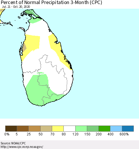 Sri Lanka Percent of Normal Precipitation 3-Month (CPC) Thematic Map For 7/21/2020 - 10/20/2020