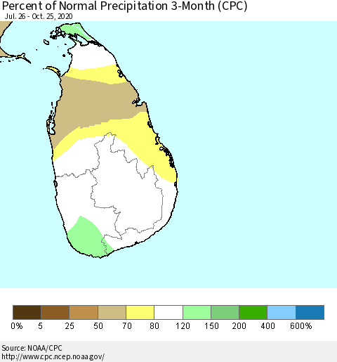 Sri Lanka Percent of Normal Precipitation 3-Month (CPC) Thematic Map For 7/26/2020 - 10/25/2020
