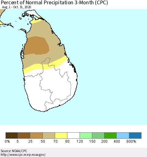 Sri Lanka Percent of Normal Precipitation 3-Month (CPC) Thematic Map For 8/1/2020 - 10/31/2020