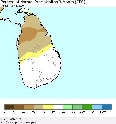 Sri Lanka Percent of Normal Precipitation 3-Month (CPC) Thematic Map For 8/6/2020 - 11/5/2020