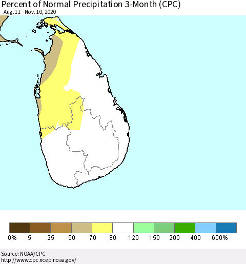 Sri Lanka Percent of Normal Precipitation 3-Month (CPC) Thematic Map For 8/11/2020 - 11/10/2020