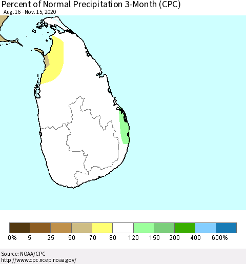 Sri Lanka Percent of Normal Precipitation 3-Month (CPC) Thematic Map For 8/16/2020 - 11/15/2020