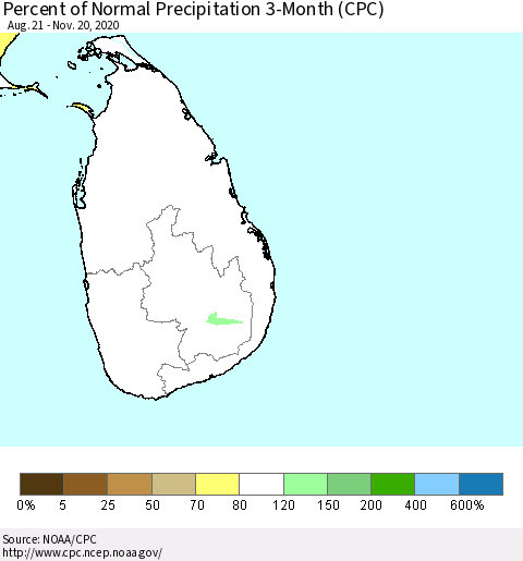 Sri Lanka Percent of Normal Precipitation 3-Month (CPC) Thematic Map For 8/21/2020 - 11/20/2020