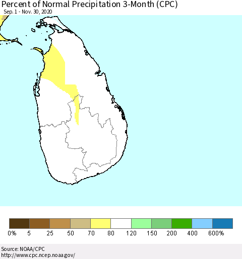 Sri Lanka Percent of Normal Precipitation 3-Month (CPC) Thematic Map For 9/1/2020 - 11/30/2020