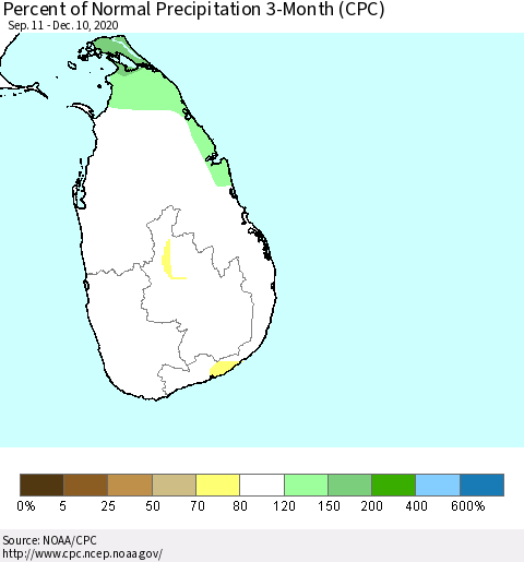 Sri Lanka Percent of Normal Precipitation 3-Month (CPC) Thematic Map For 9/11/2020 - 12/10/2020