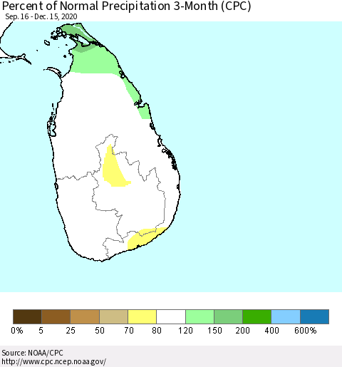 Sri Lanka Percent of Normal Precipitation 3-Month (CPC) Thematic Map For 9/16/2020 - 12/15/2020