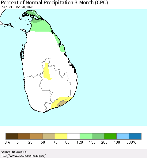 Sri Lanka Percent of Normal Precipitation 3-Month (CPC) Thematic Map For 9/21/2020 - 12/20/2020
