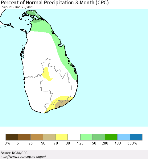 Sri Lanka Percent of Normal Precipitation 3-Month (CPC) Thematic Map For 9/26/2020 - 12/25/2020