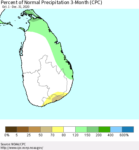 Sri Lanka Percent of Normal Precipitation 3-Month (CPC) Thematic Map For 10/1/2020 - 12/31/2020