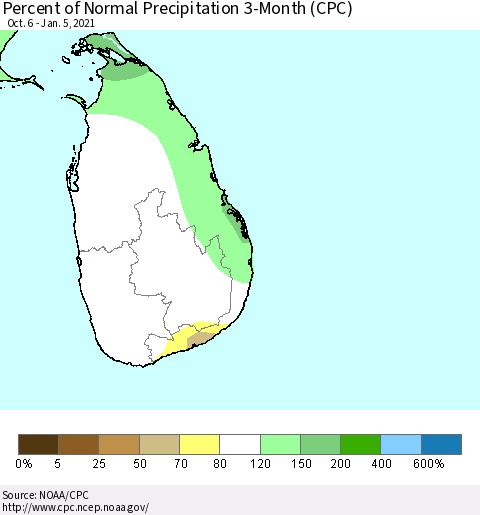 Sri Lanka Percent of Normal Precipitation 3-Month (CPC) Thematic Map For 10/6/2020 - 1/5/2021