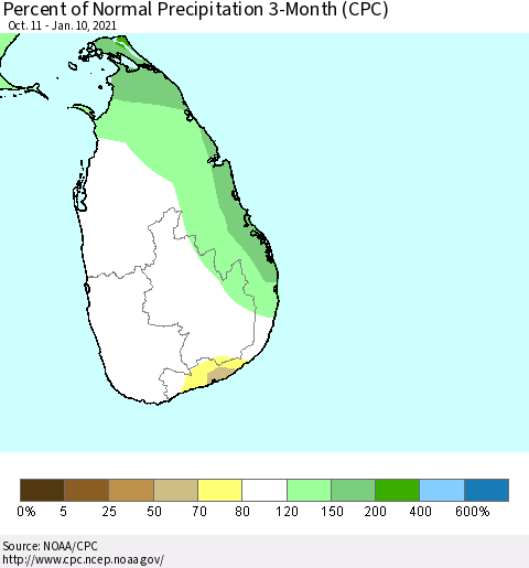 Sri Lanka Percent of Normal Precipitation 3-Month (CPC) Thematic Map For 10/11/2020 - 1/10/2021