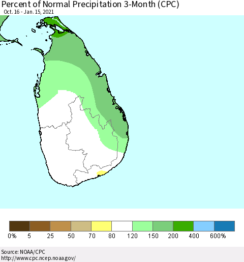 Sri Lanka Percent of Normal Precipitation 3-Month (CPC) Thematic Map For 10/16/2020 - 1/15/2021