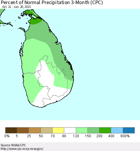 Sri Lanka Percent of Normal Precipitation 3-Month (CPC) Thematic Map For 10/21/2020 - 1/20/2021