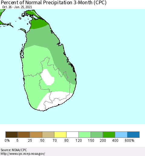 Sri Lanka Percent of Normal Precipitation 3-Month (CPC) Thematic Map For 10/26/2020 - 1/25/2021