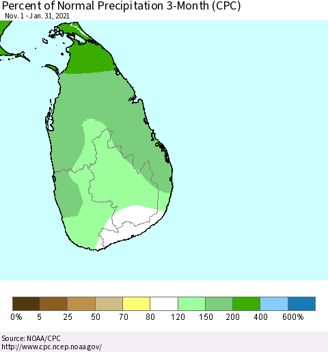 Sri Lanka Percent of Normal Precipitation 3-Month (CPC) Thematic Map For 11/1/2020 - 1/31/2021