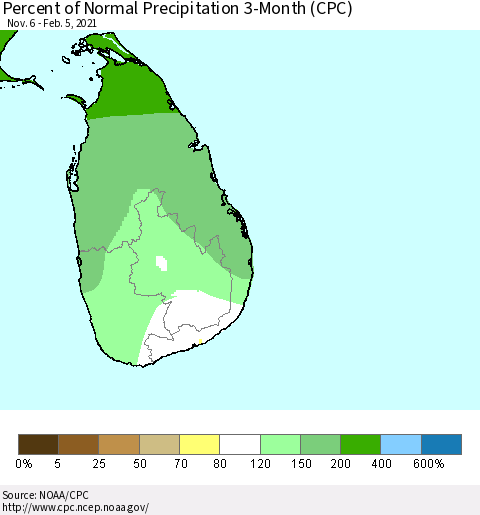 Sri Lanka Percent of Normal Precipitation 3-Month (CPC) Thematic Map For 11/6/2020 - 2/5/2021