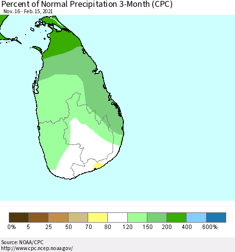 Sri Lanka Percent of Normal Precipitation 3-Month (CPC) Thematic Map For 11/16/2020 - 2/15/2021