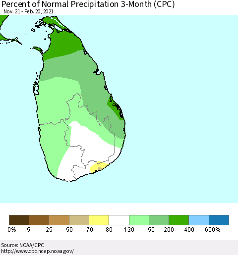 Sri Lanka Percent of Normal Precipitation 3-Month (CPC) Thematic Map For 11/21/2020 - 2/20/2021