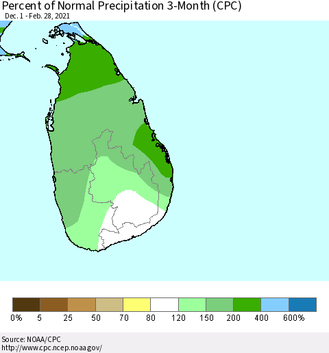 Sri Lanka Percent of Normal Precipitation 3-Month (CPC) Thematic Map For 12/1/2020 - 2/28/2021