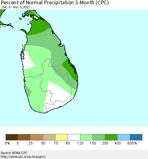 Sri Lanka Percent of Normal Precipitation 3-Month (CPC) Thematic Map For 12/6/2020 - 3/5/2021