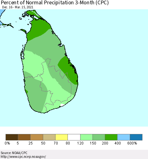 Sri Lanka Percent of Normal Precipitation 3-Month (CPC) Thematic Map For 12/16/2020 - 3/15/2021