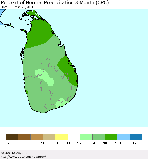 Sri Lanka Percent of Normal Precipitation 3-Month (CPC) Thematic Map For 12/26/2020 - 3/25/2021