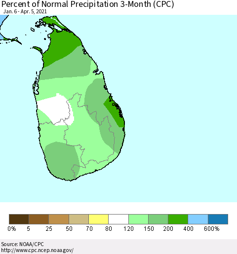 Sri Lanka Percent of Normal Precipitation 3-Month (CPC) Thematic Map For 1/6/2021 - 4/5/2021